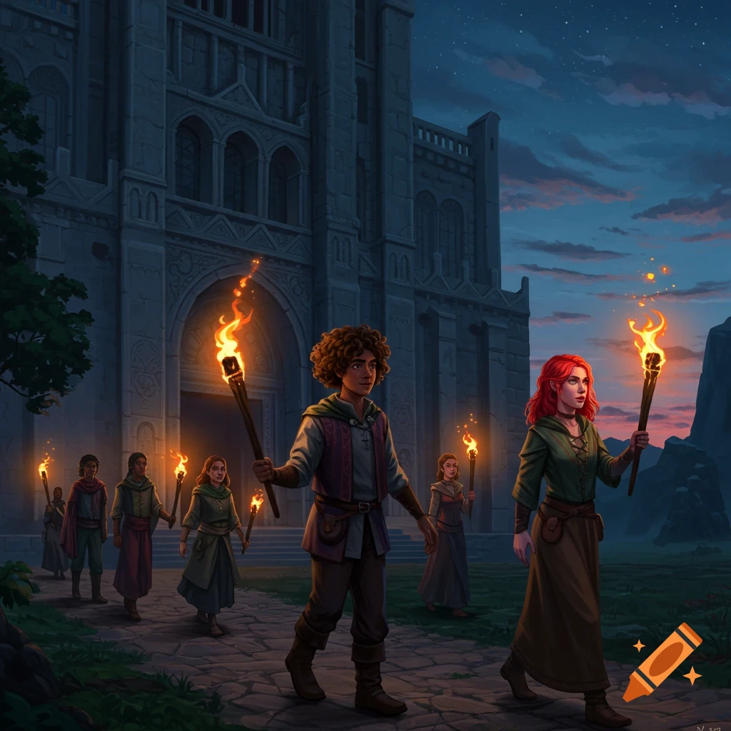 A group of people carrying torches walk towards a large stone building at dusk.
