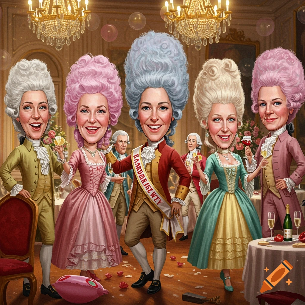 Women and men in 18th-century historical costumes and wigs celebrating at a party, with caricatured faces.