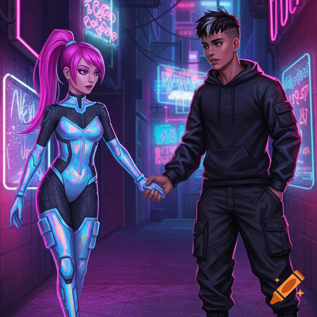Two people, a woman in a cyber suit and a man in a hoodie, hold hands in a neon-lit cyberpunk alley.