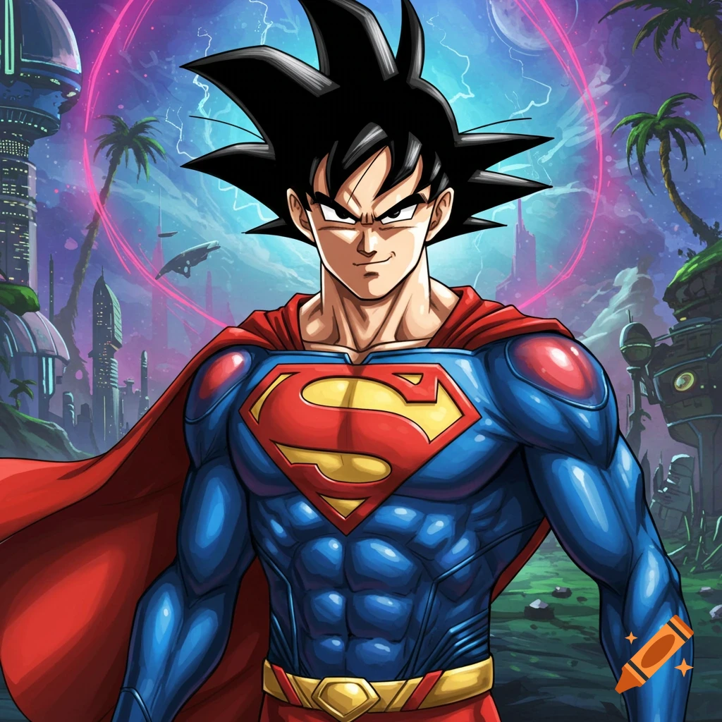 Goku wearing a Superman costume in a stylized sci-fi landscape.