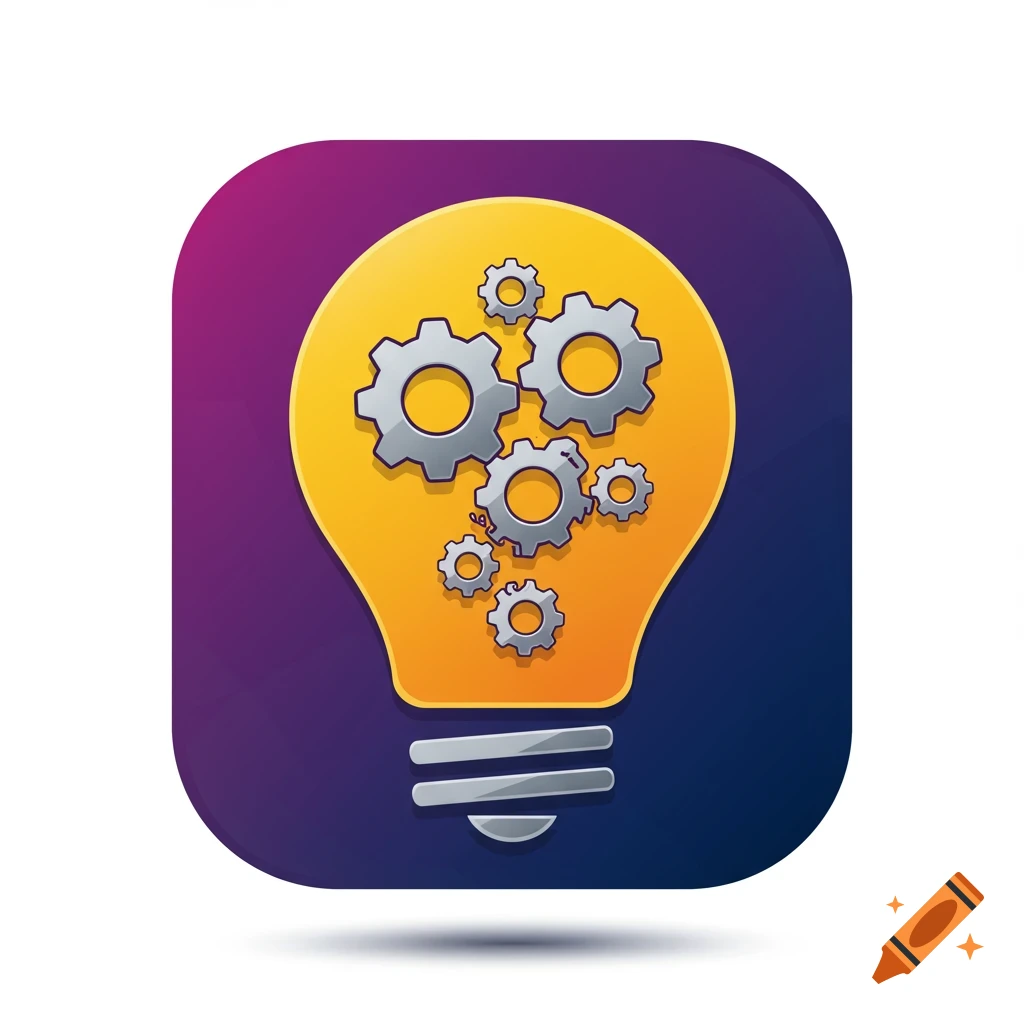 Icon of a lightbulb with multiple gears inside, on a gradient background.