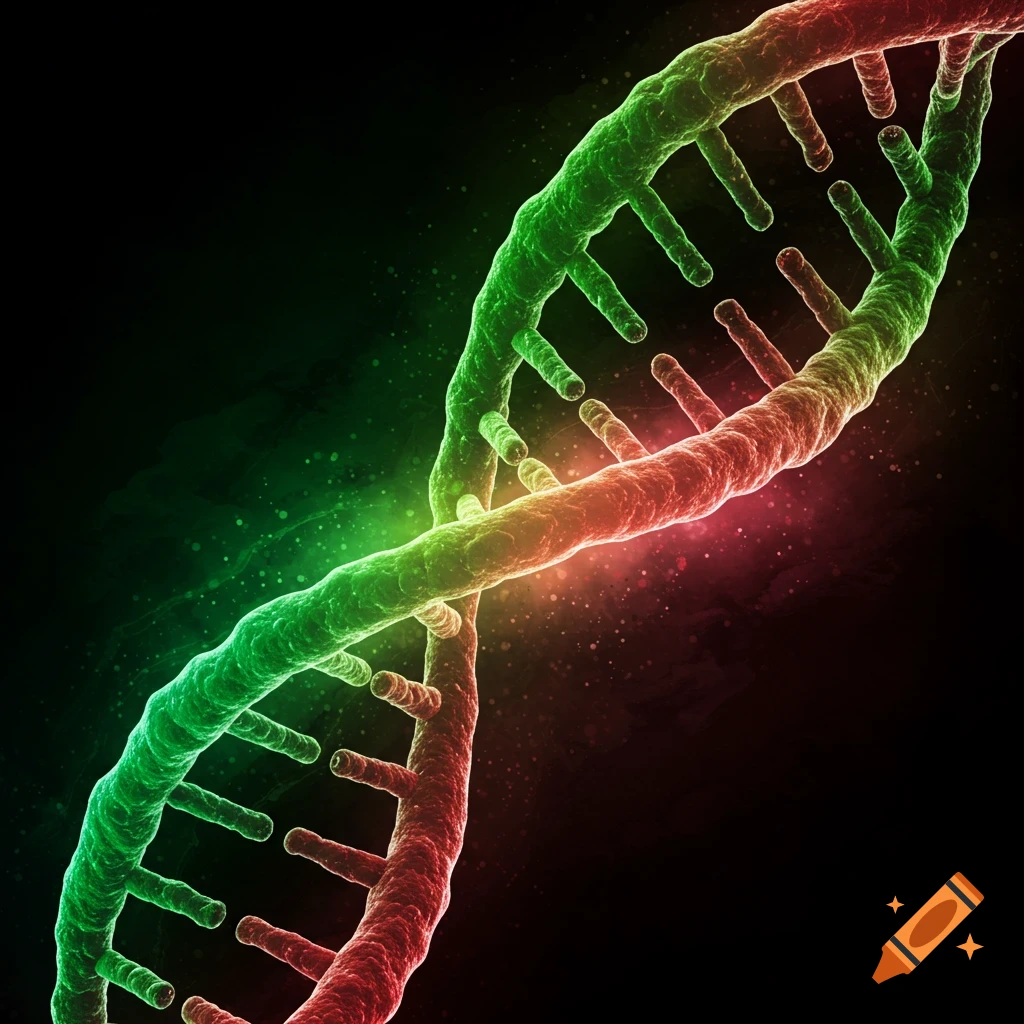 A vibrant, stylized double helix of DNA glows in green and red against a dark background.