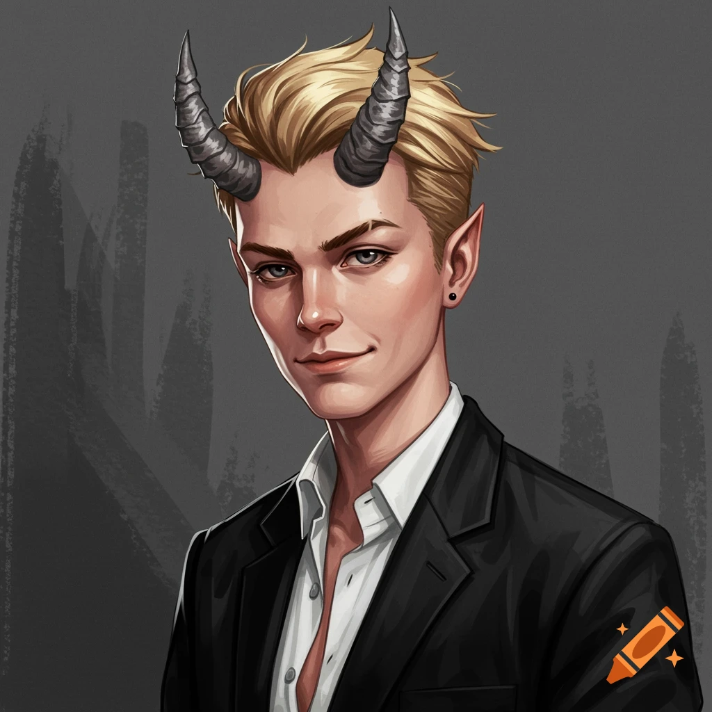 Man with blond hair, demon horns, and pointed ears, wearing a black suit and white shirt in a detailed art style.