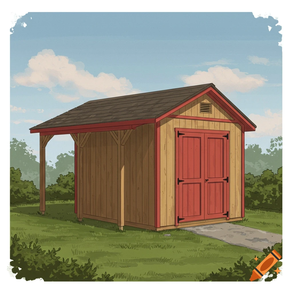 A wooden storage shed with red doors and an overhang, set in a yard.