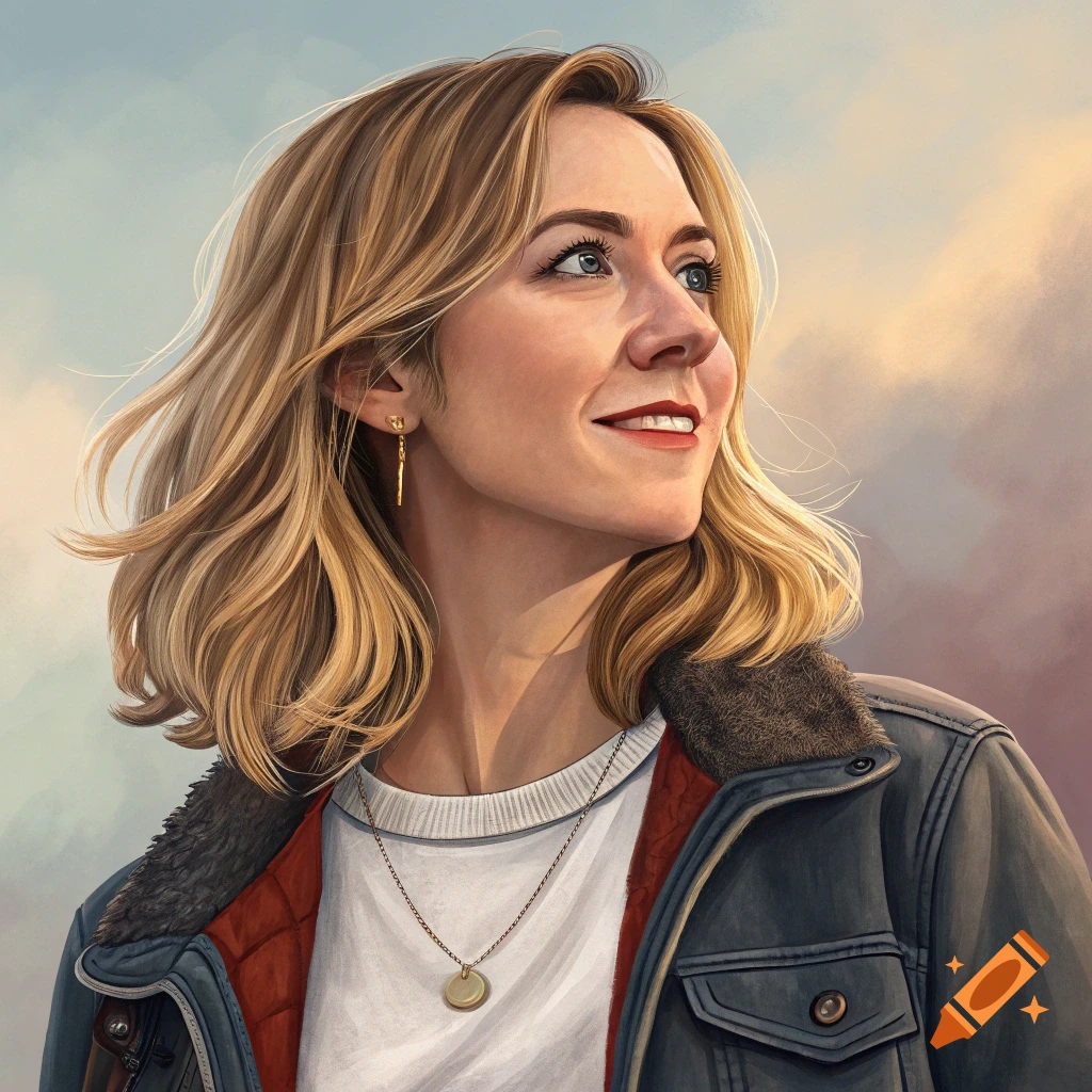 Illustration of a woman with blonde hair wearing a jacket and necklace, looking up and smiling.
