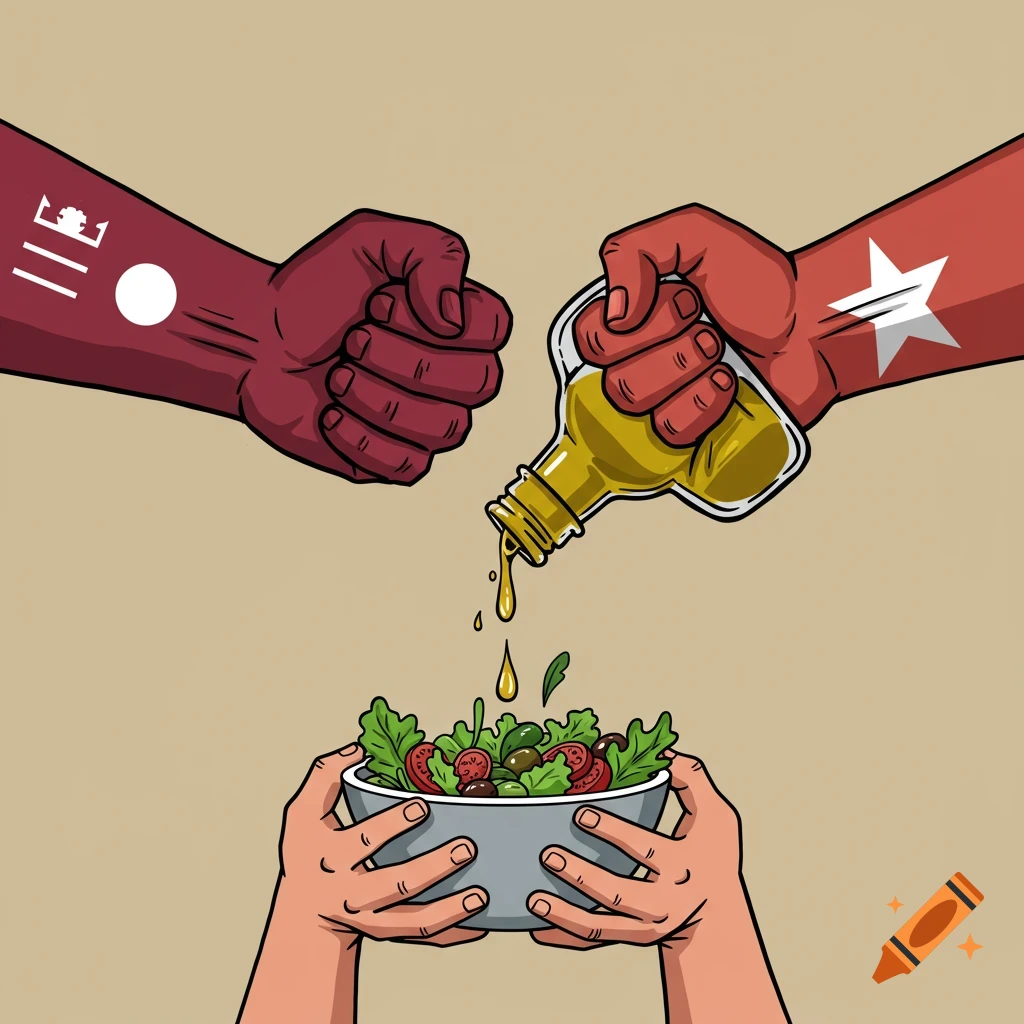 Illustration of two large hands squeezing an olive oil bottle over a salad bowl held by smaller hands.