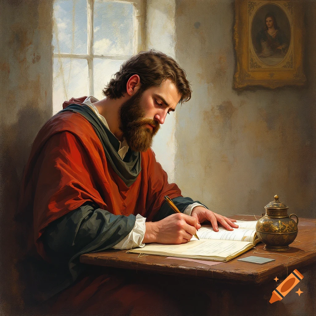 A bearded man in a red robe writes in a book by a window.
