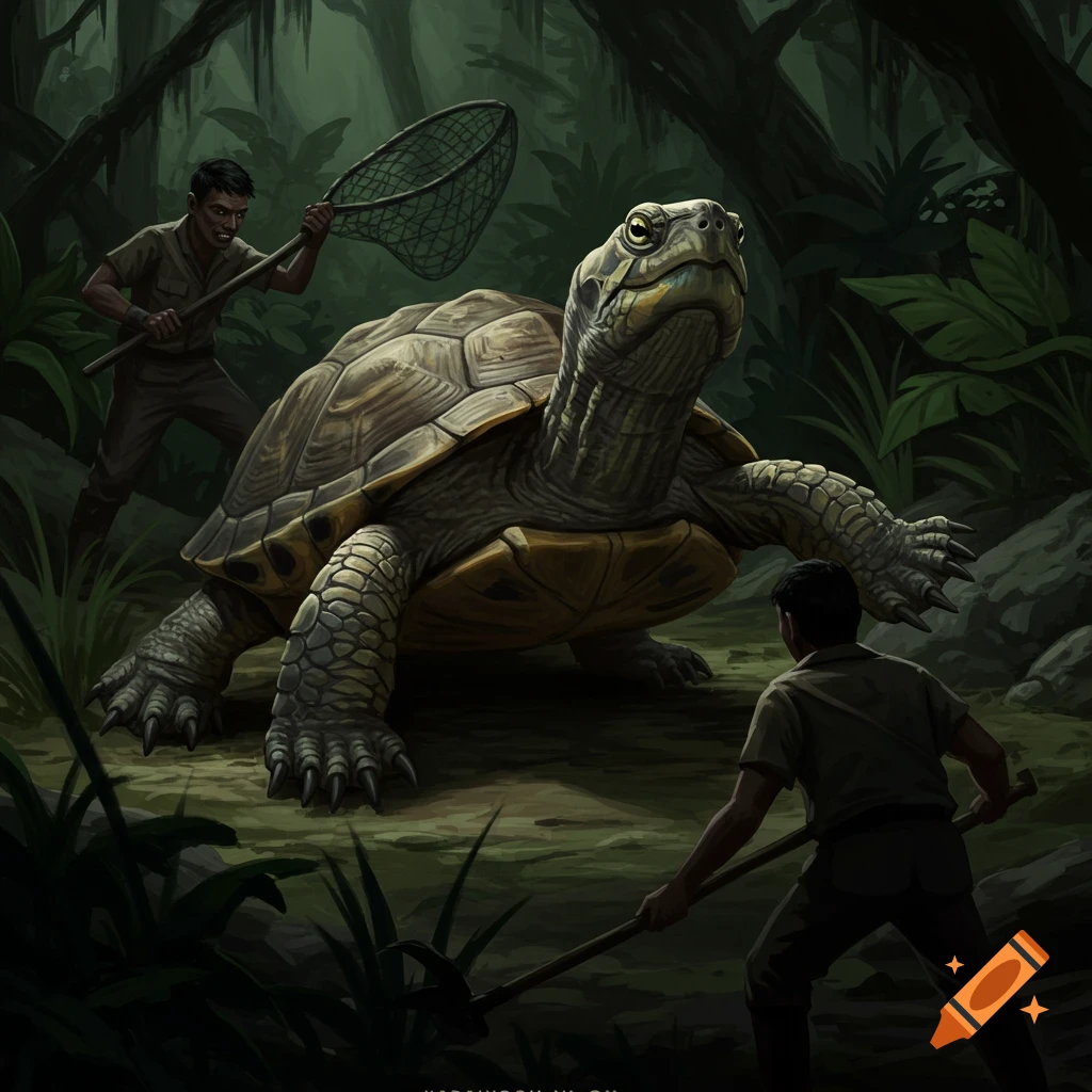 Two men attempting to capture a giant turtle in a dark jungle.