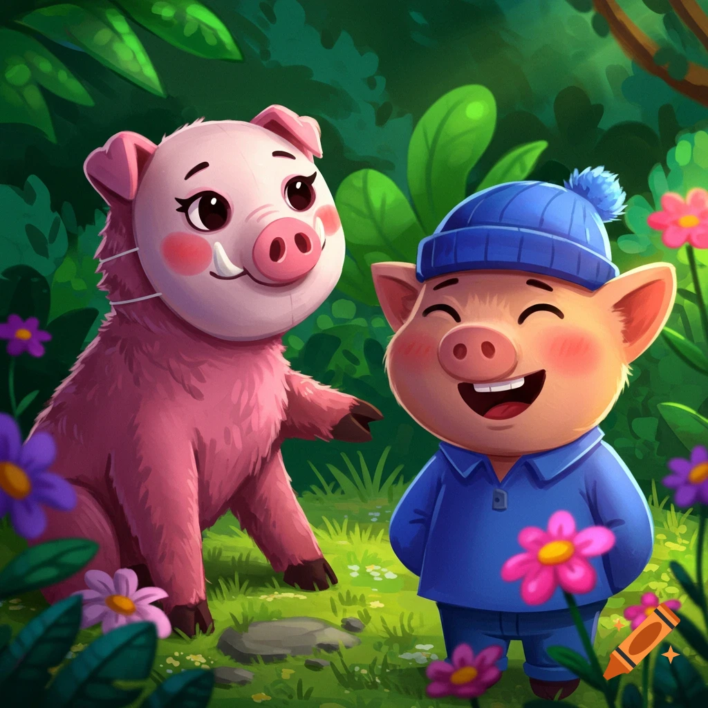 Two cartoon pigs, one in a blue hat and shirt and one wearing a mask, stand smiling in a forest.