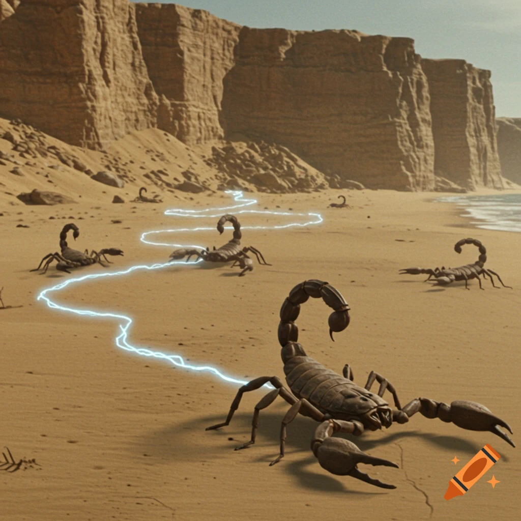 Several scorpions on a sandy beach follow a glowing blue energy trail with cliffs in the background.