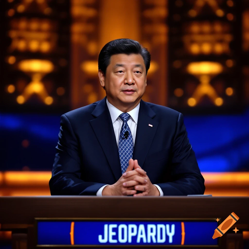 A man in a dark suit sits at a desk on a brightly lit TV game show set with the text "JEOPARDY" visible.