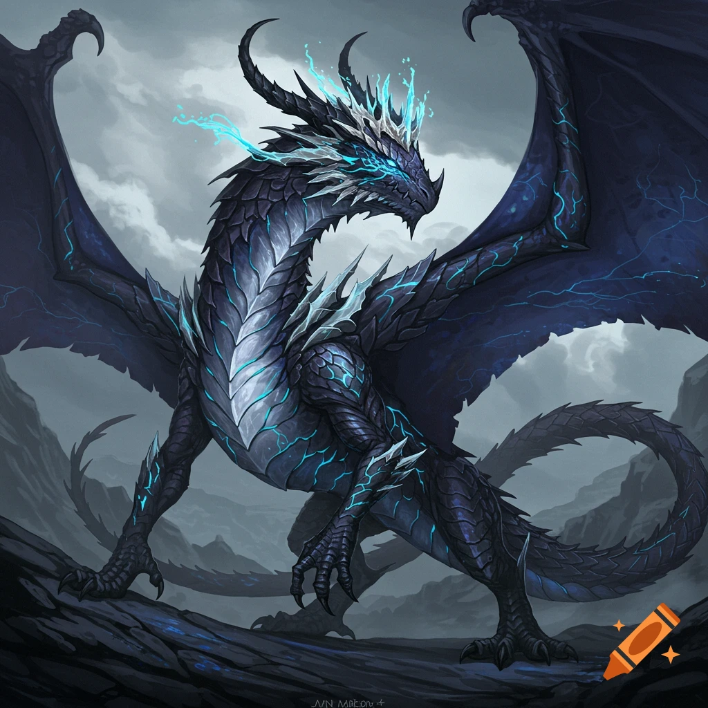 A dark blue and silver fantasy dragon with glowing blue energy.