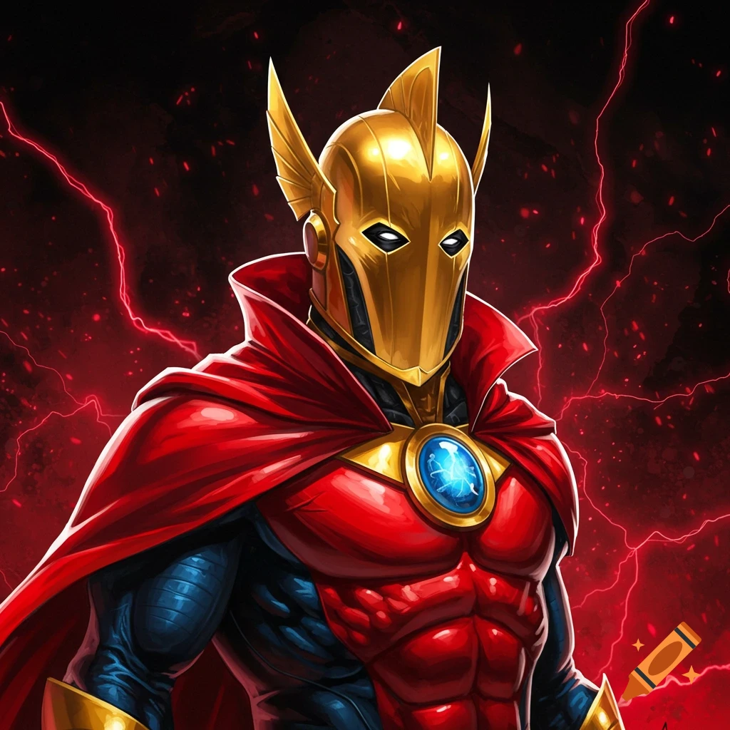 A superhero with a golden helmet, red cape, and red and blue costume against a red lightning background.
