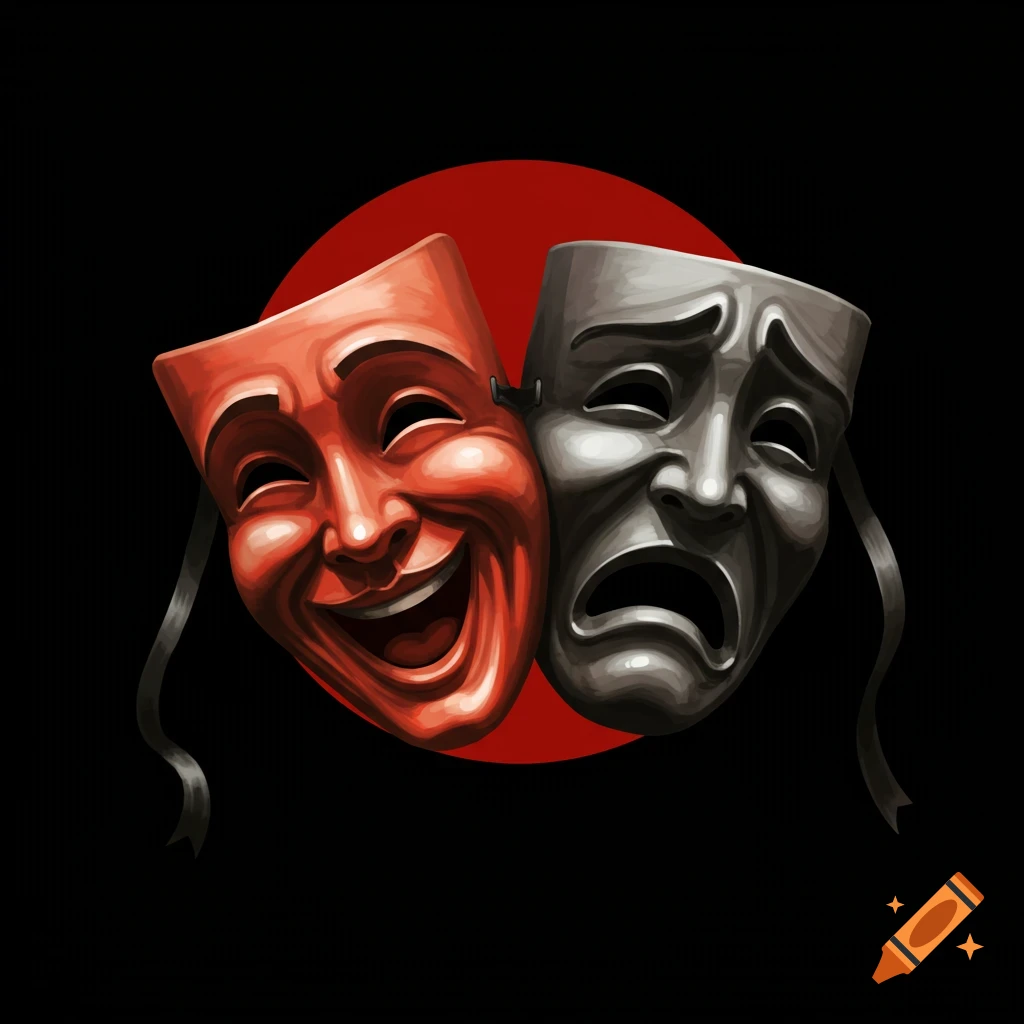 Red happy and silver sad theater masks against a black background with a red circle.