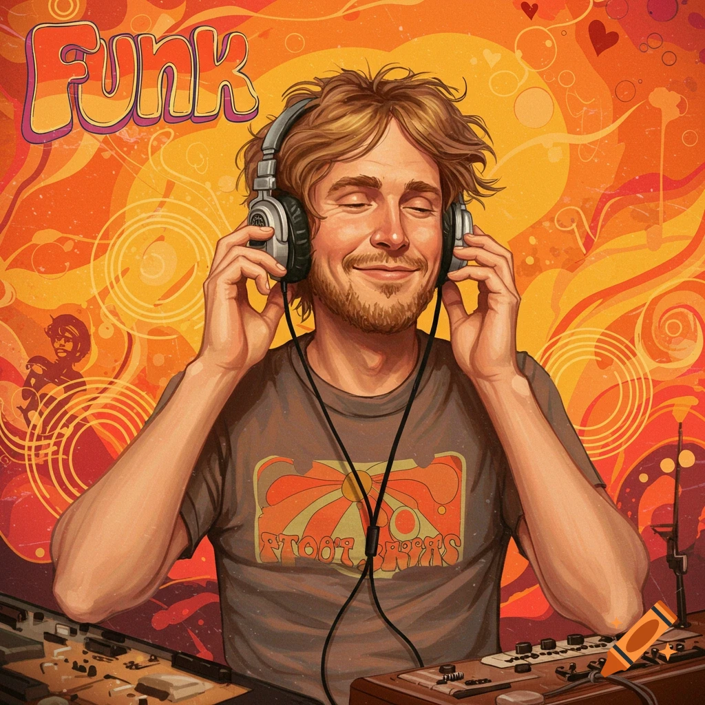 Illustration of a man with headphones enjoying music, with a retro, swirling background and 'FUNK' text.