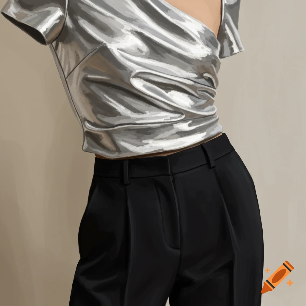 A person wearing a silver one-shoulder top and black pleated pants.