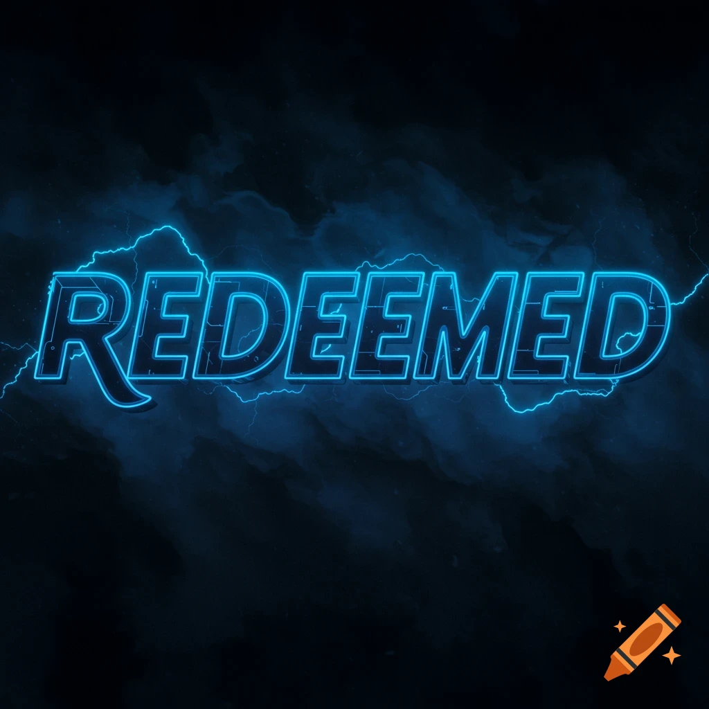 The word REDEEMED in glowing blue neon and lightning against a dark background.