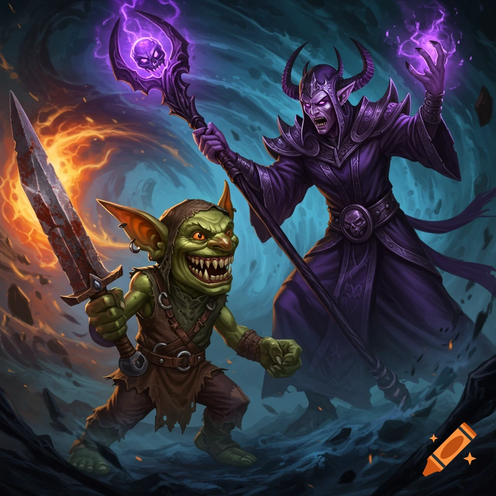 A goblin with a bloody sword fights a warlock casting purple magic.