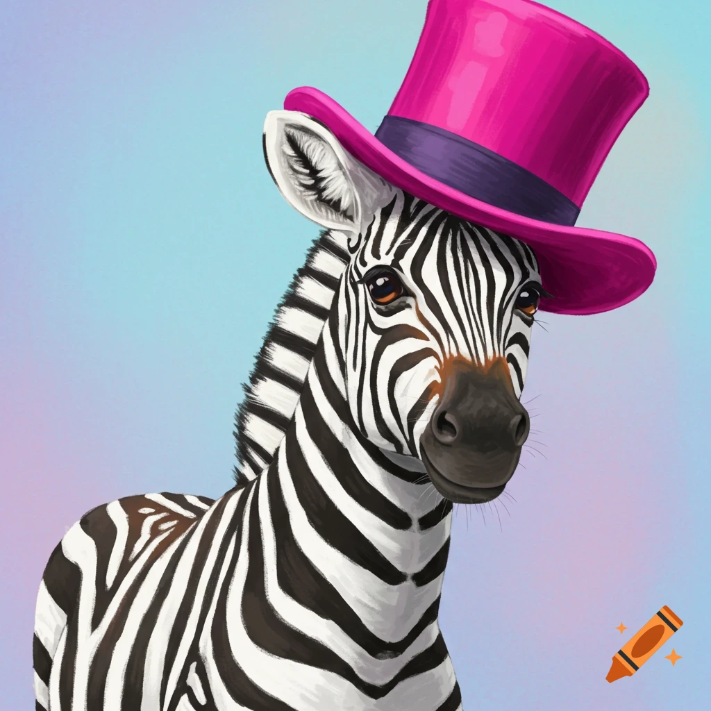 A zebra is wearing a hot pink top hat.