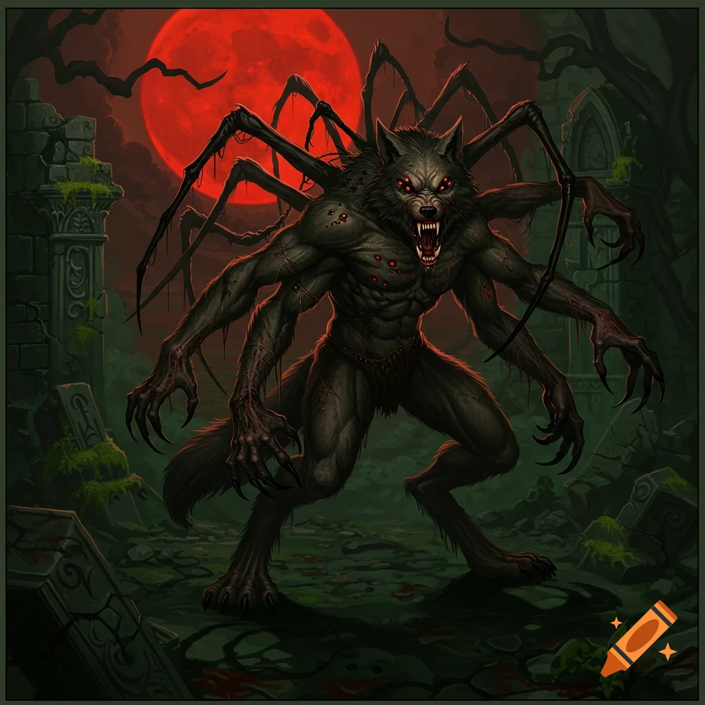 A monstrous spider-werewolf hybrid stands in ruins under a red moon.
