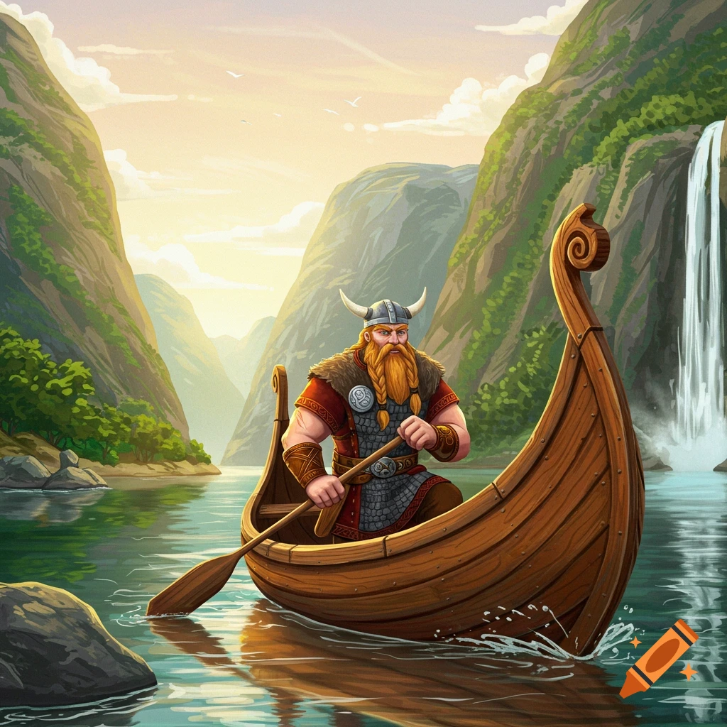 A Viking in a boat rowing through a scenic fjord landscape with mountains and a waterfall.