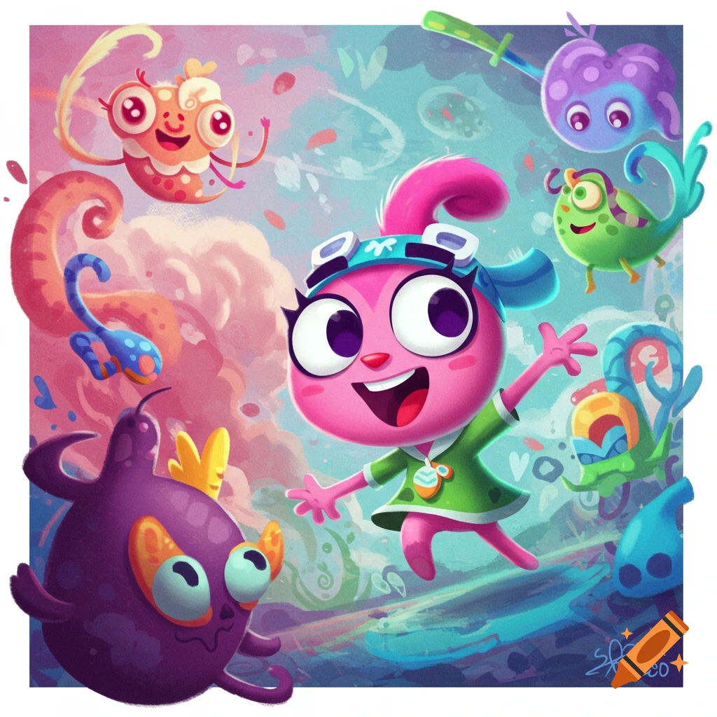 A pink cartoon creature with goggles surrounded by other colorful, whimsical fantasy creatures.