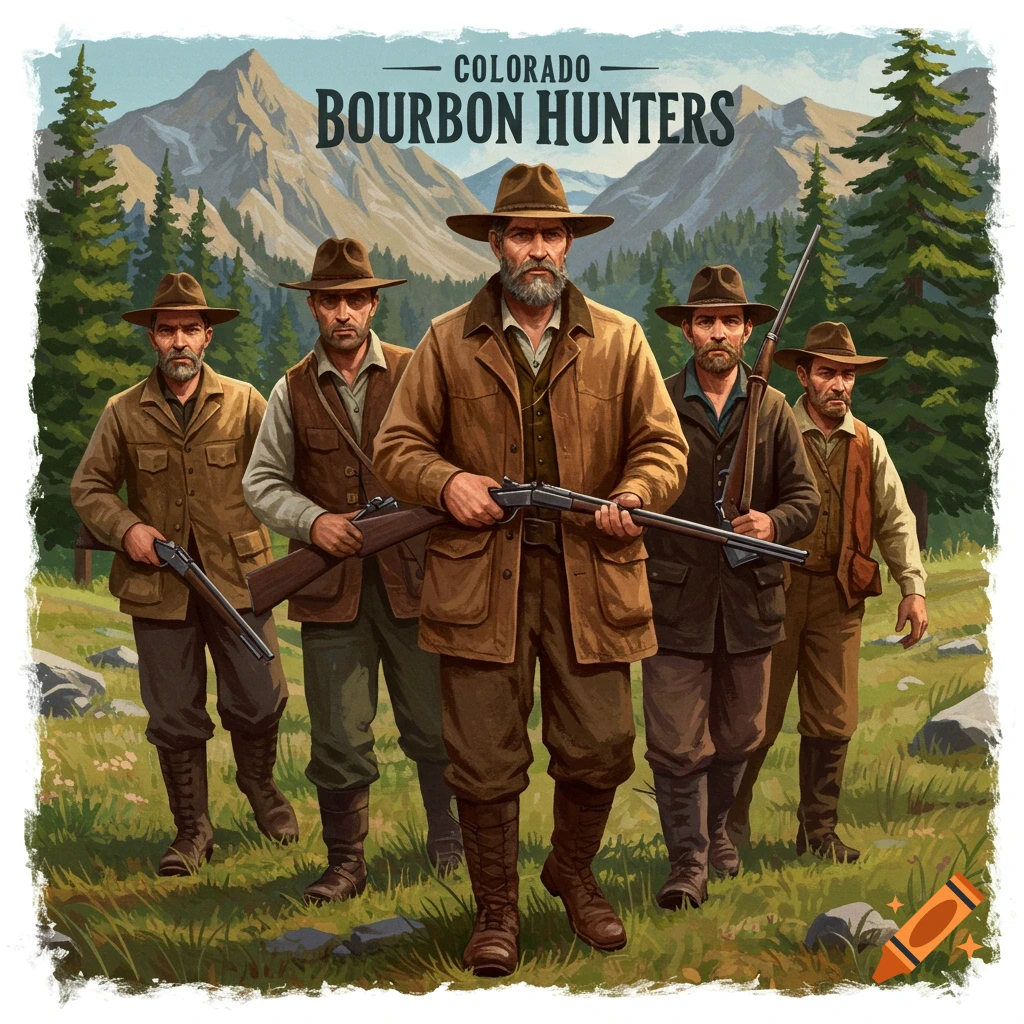 Five men with rifles standing in a mountain landscape.