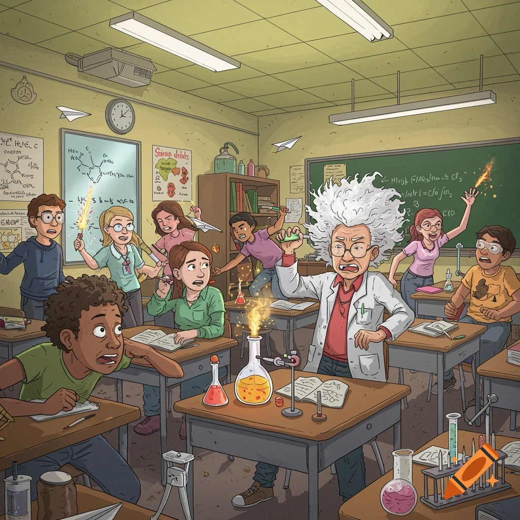 Cartoon of a chaotic high school chemistry class with students causing mayhem and an overwhelmed teacher amidst experiments and paper airplanes.