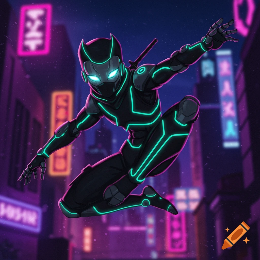 Futuristic ninja android leaping in a neon cyberpunk city in anime style.