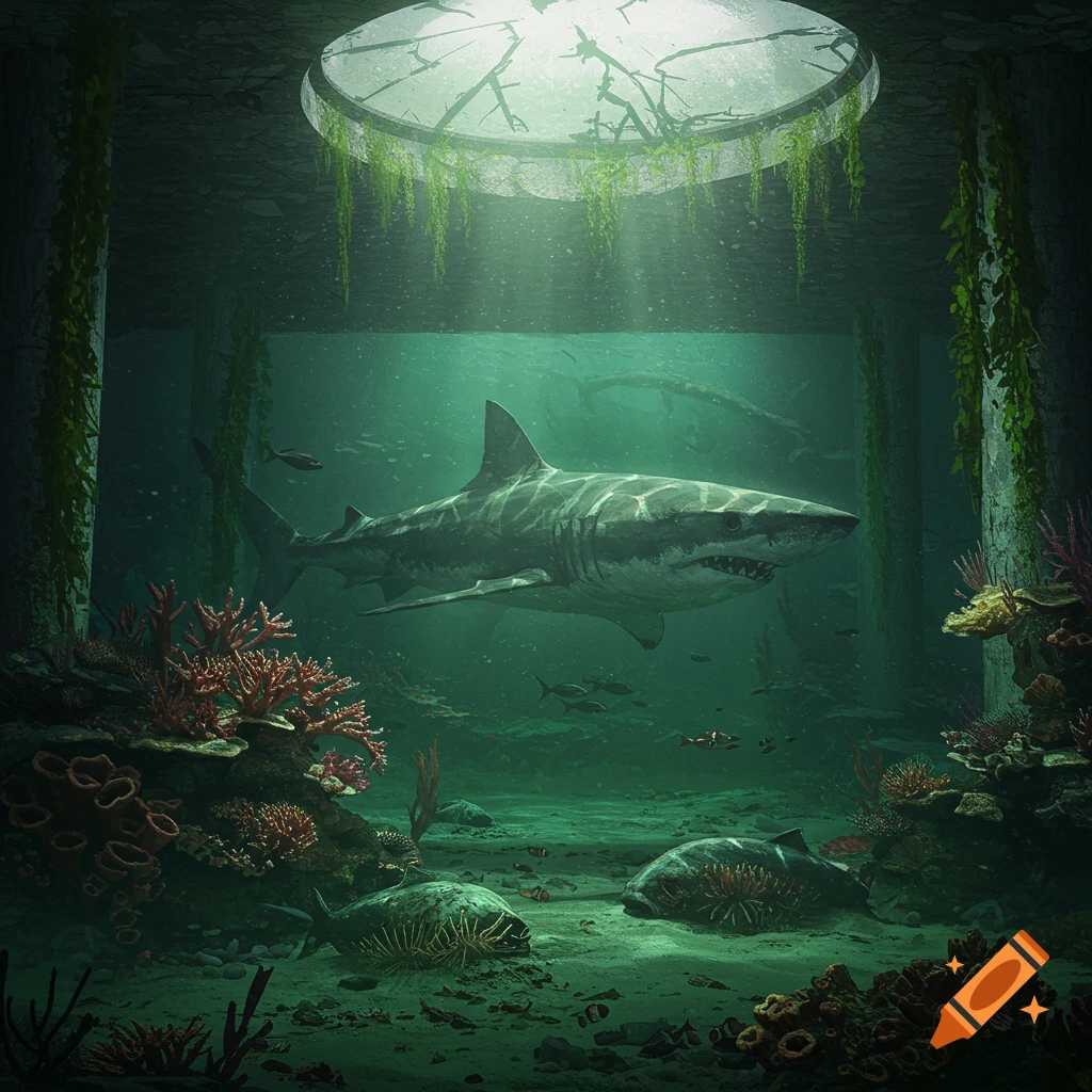 Large shark swimming in a ruined underwater aquarium with coral and light filtering from above.