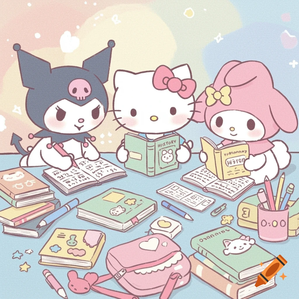 Kawaii cartoon of Kuromi, Hello Kitty, and My Melody studying together with books and supplies.
