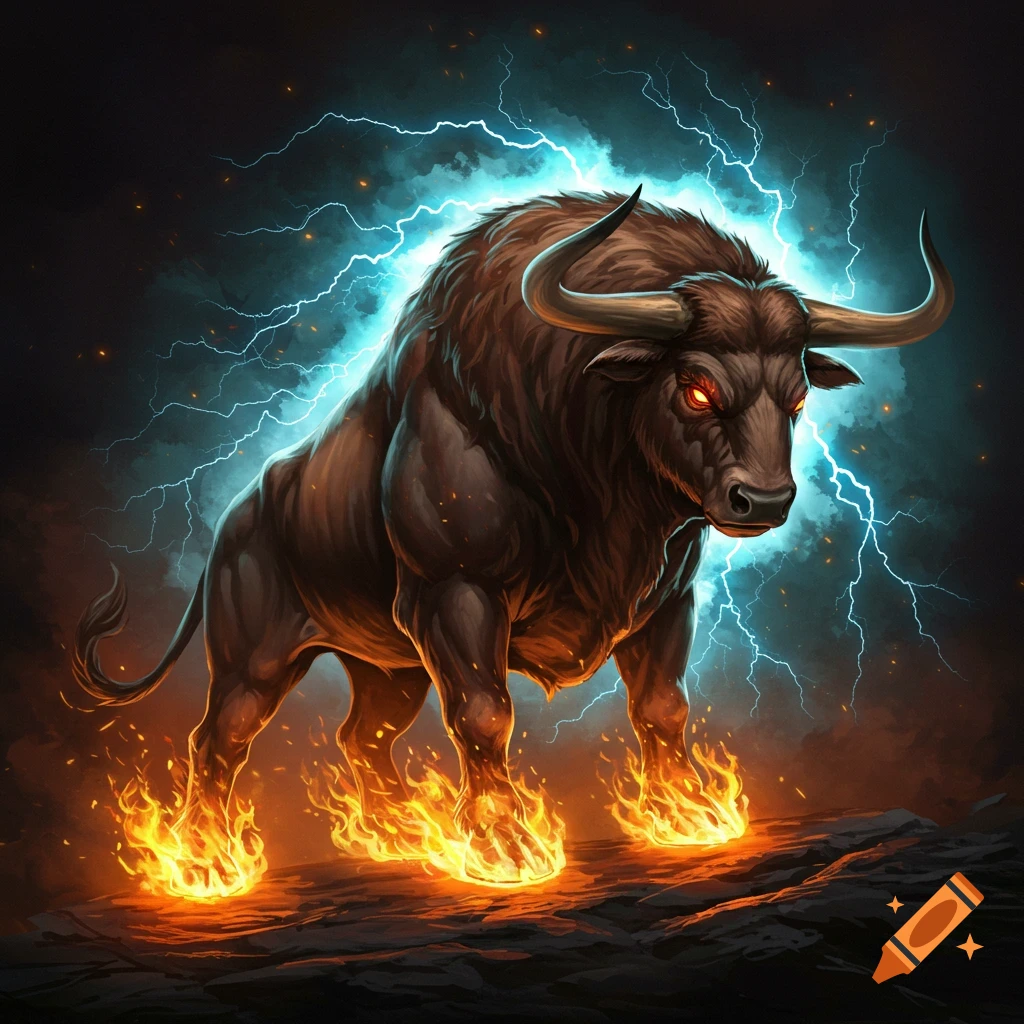 A powerful bull is surrounded by lightning with fire around its hooves.