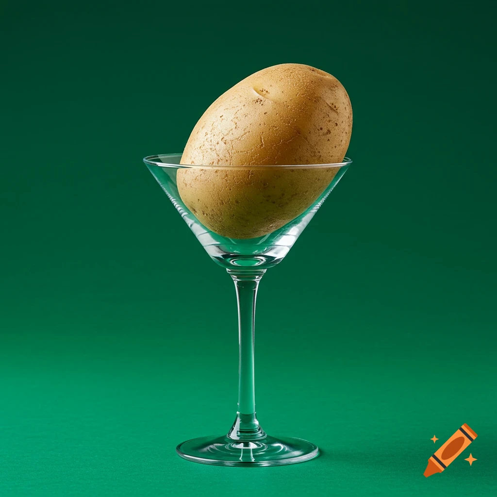 A whole potato sits in a martini glass against a green background.