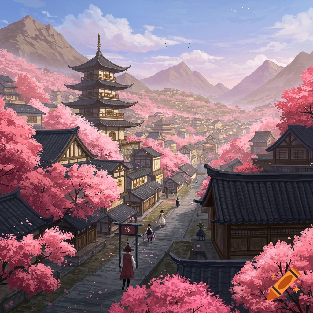 A Japanese village in a mountain valley filled with pink cherry blossoms and traditional buildings, including a pagoda.
