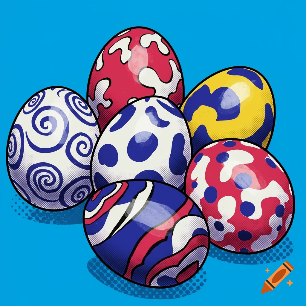 Several brightly colored pop art style decorated Easter eggs on a blue background.