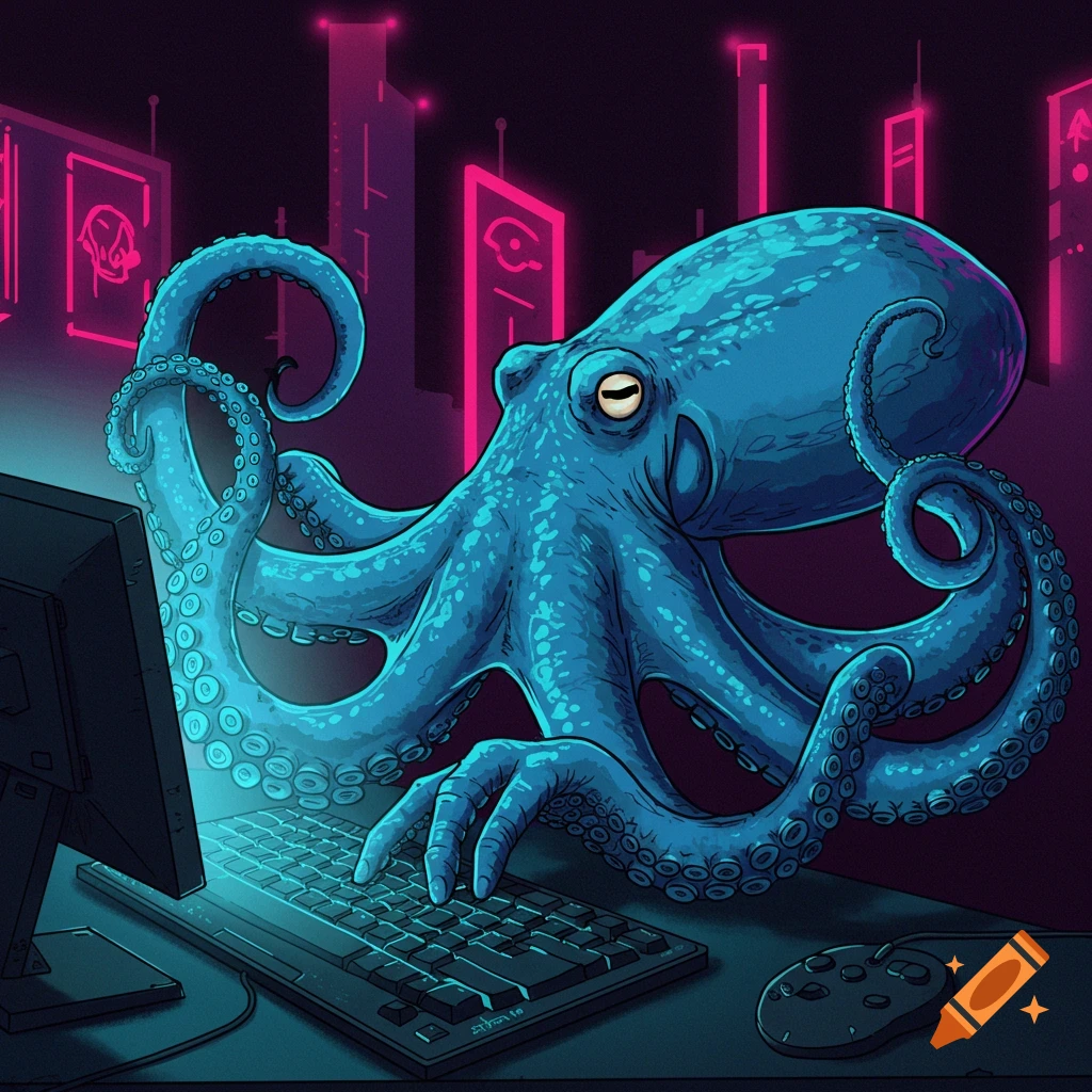Blue octopus hacking on a computer keyboard in a neon city
