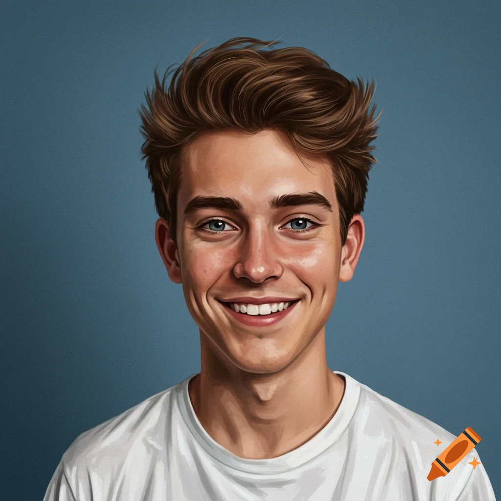 A portrait of a smiling young man against a blue background.