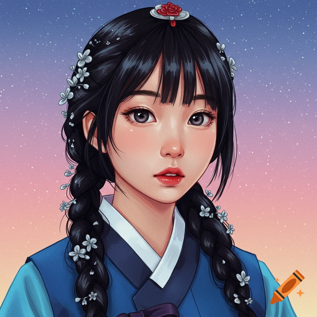 A young woman in traditional Korean Hanbok with braided hair adorned with flowers, against a starry sky.