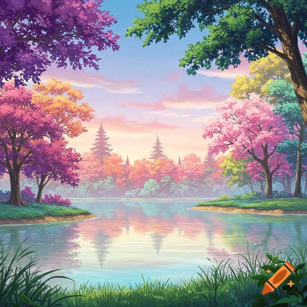 A vibrant anime landscape of a lake surrounded by a forest with colorful trees.