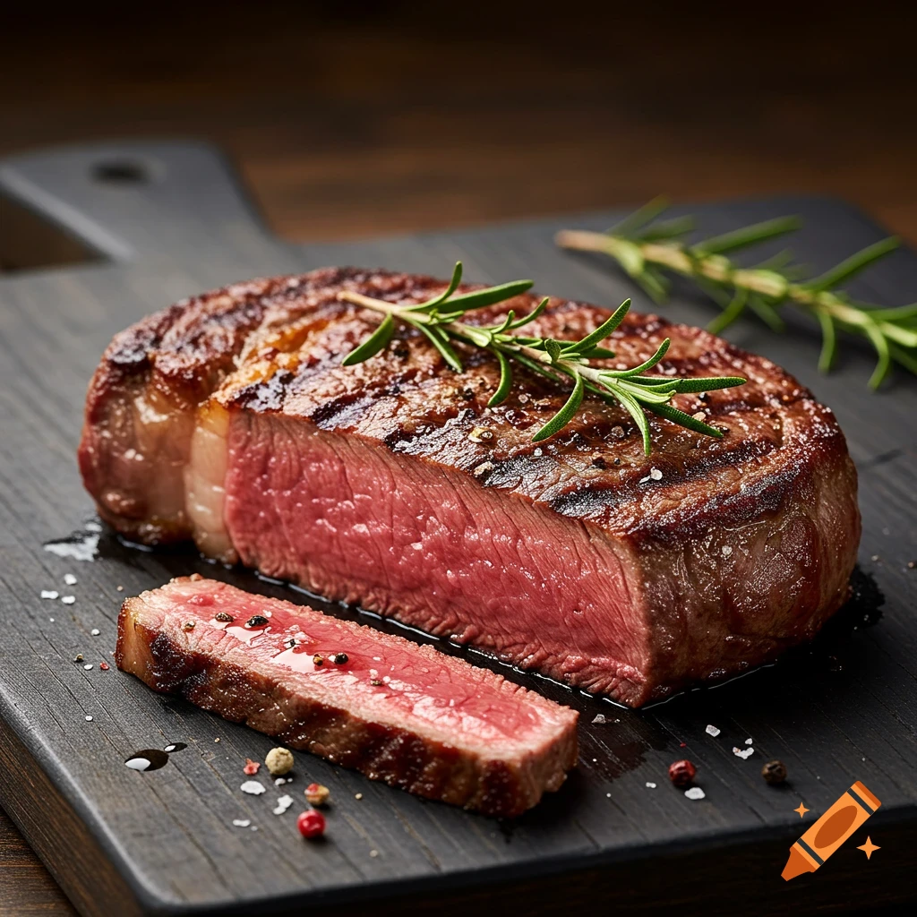 Close-up of a cooked steak, medium-rare, on a black cutting board with rosemary and peppercorns. Photorealistic.