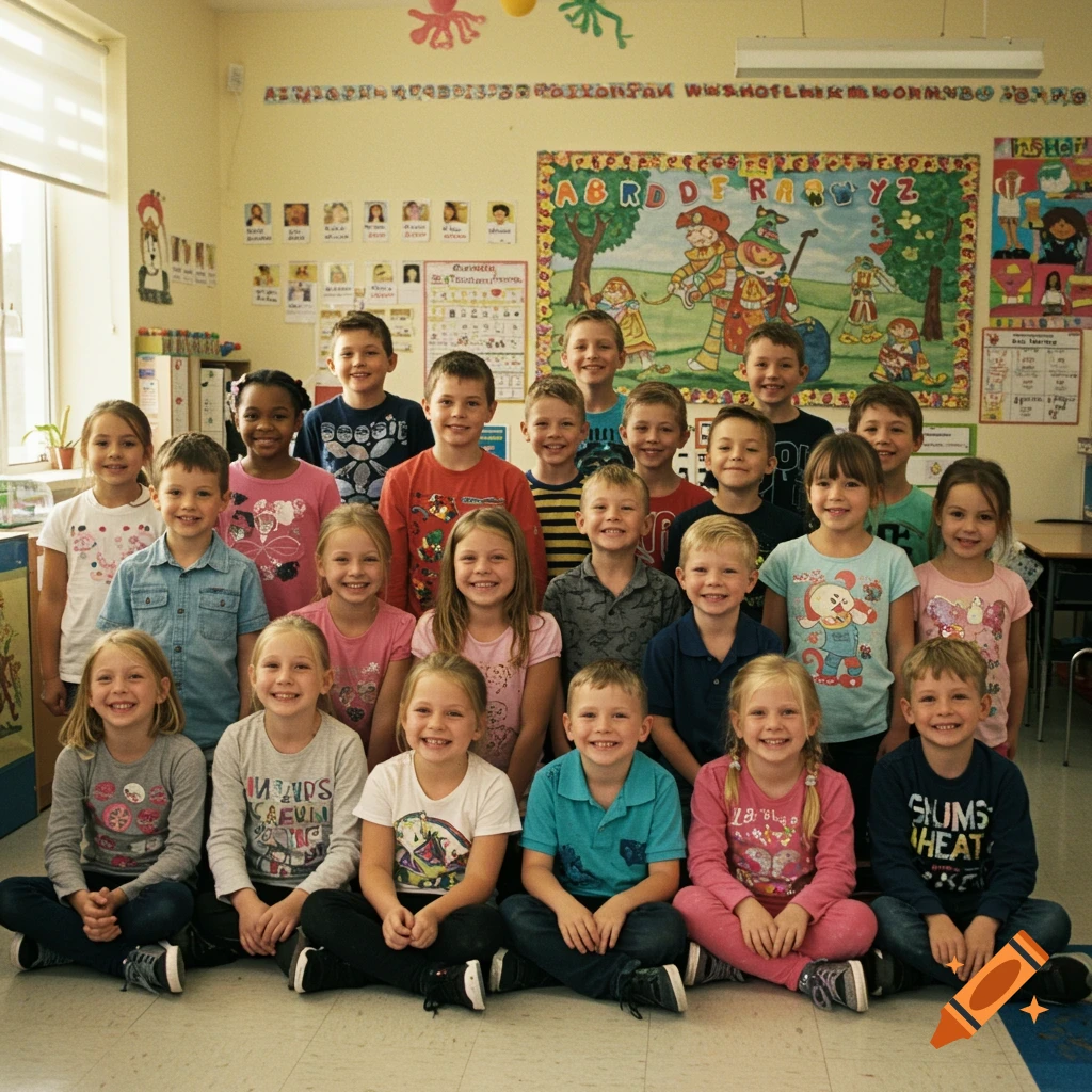A group of elementary school children smile for a class photo in a bright classroom.