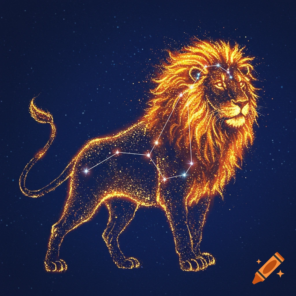A glowing lion shape outlined by stars and light against a dark blue starry background, with constellation lines visible.