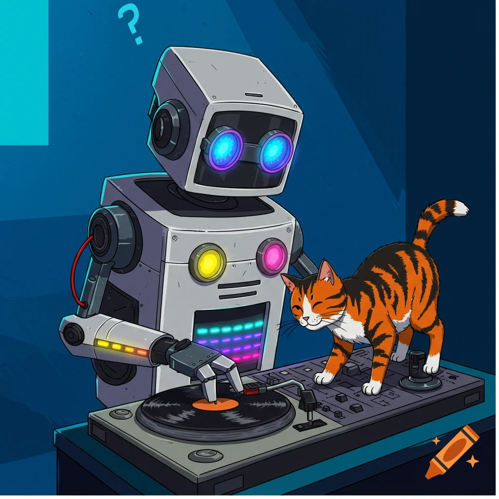 A cartoon robot D.J. with a cat on the turntable.