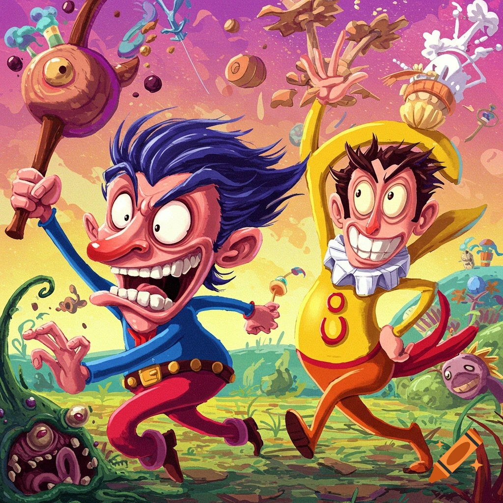 Colorful illustration of two exaggerated cartoon characters running through a surreal landscape