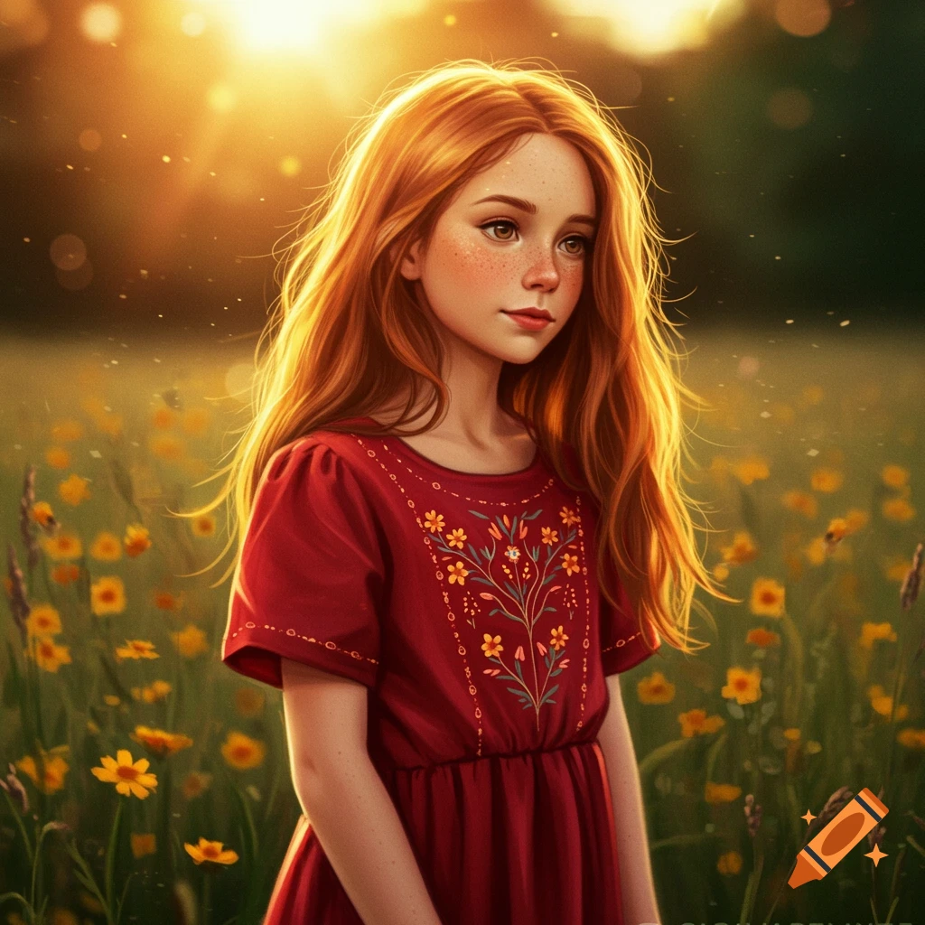 A young girl with long red hair in a red dress stands in a sunny field of wildflowers.