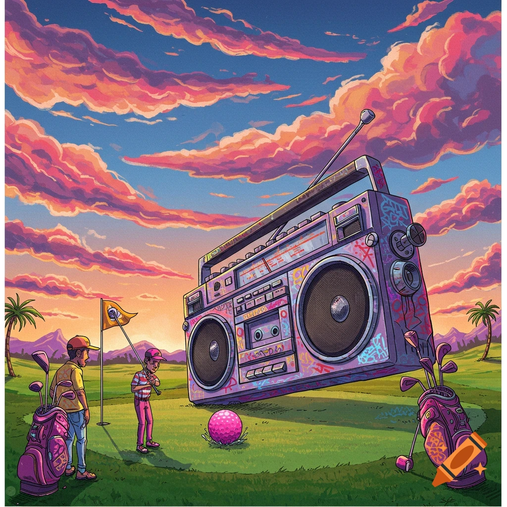 A surreal golf game at sunset with a giant boombox, a pink golf ball, and people watching.