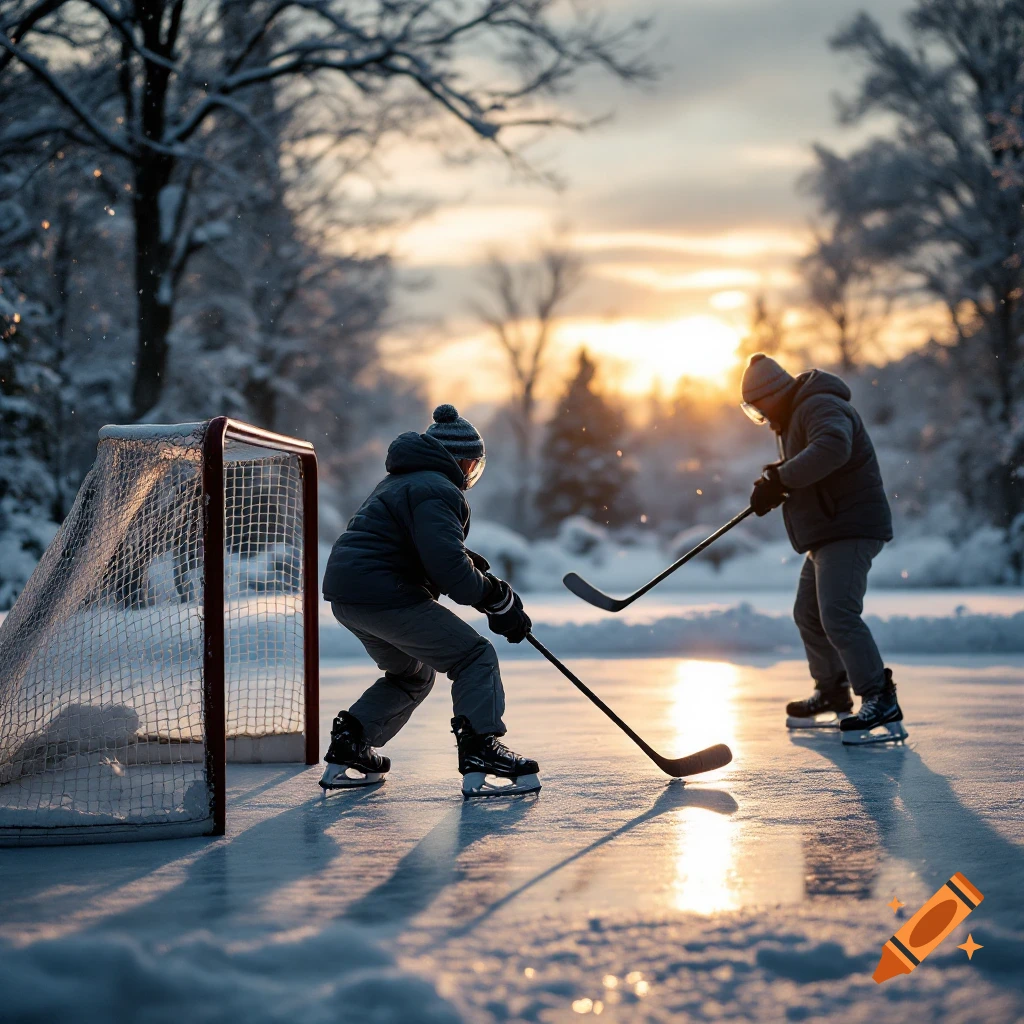 Two people playing hockey on outdoor ice in the snow at sunset.