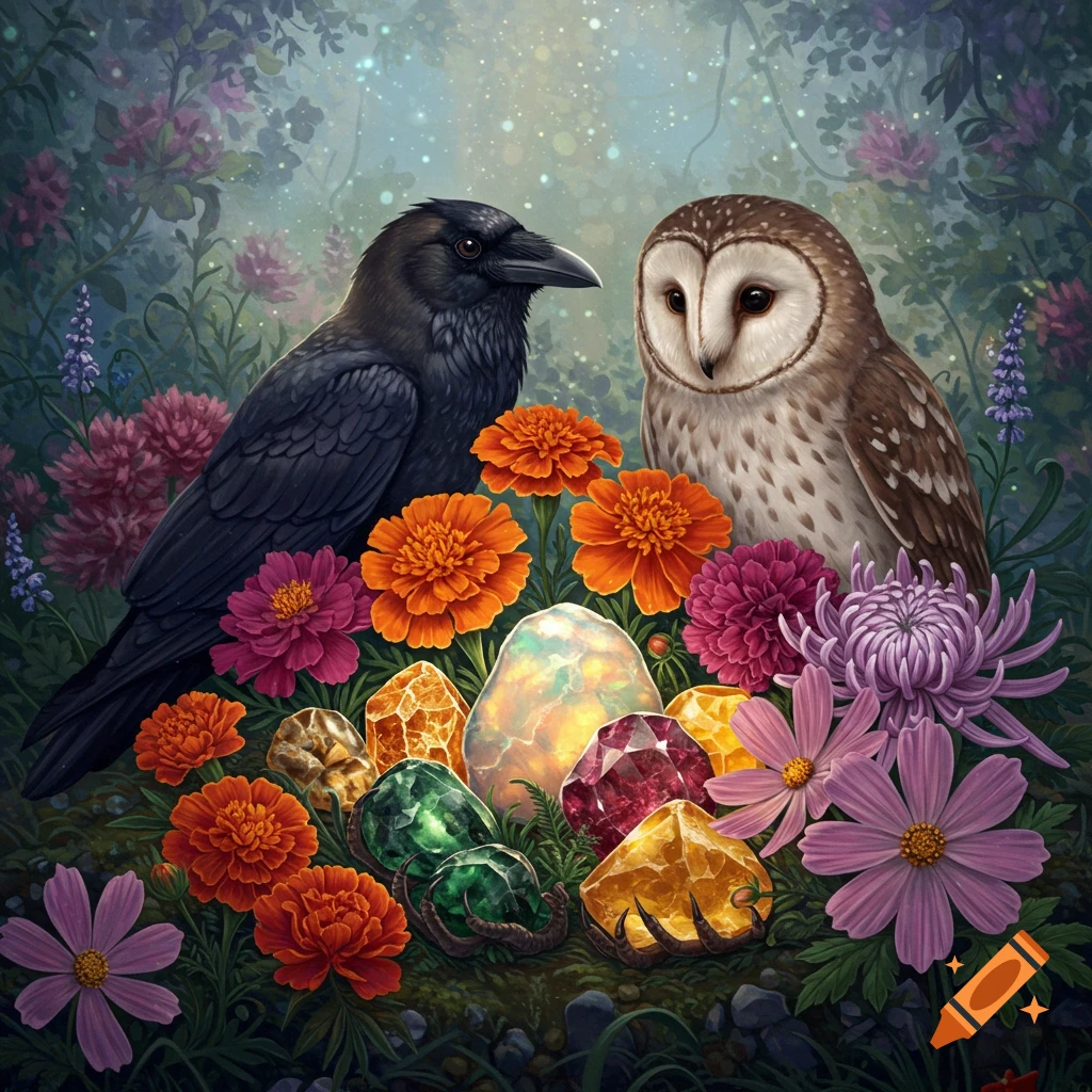 A raven and an owl are surrounded by colorful flowers and gemstones.