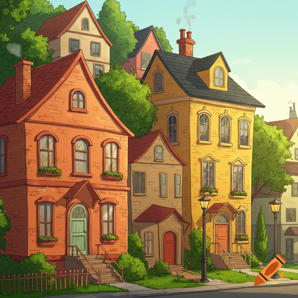 Colorful cartoon houses on a hill with trees under a blue sky