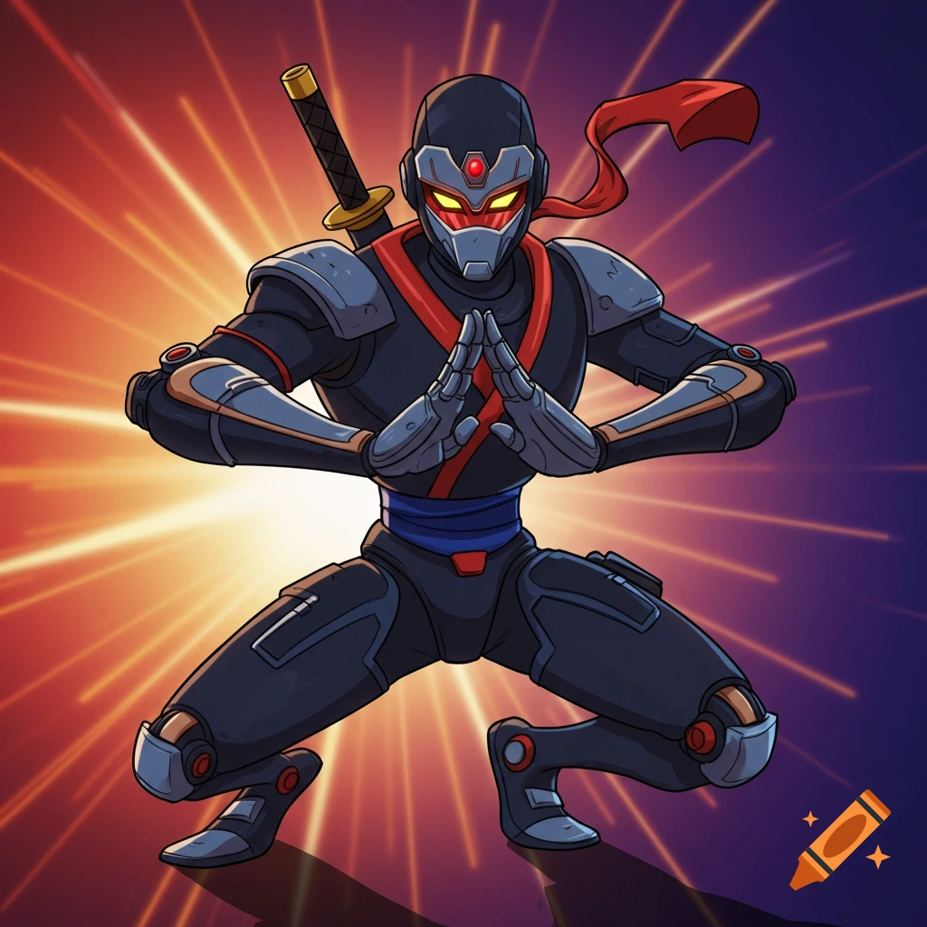 A stylized robot ninja in a crouched pose with a katana on its back.